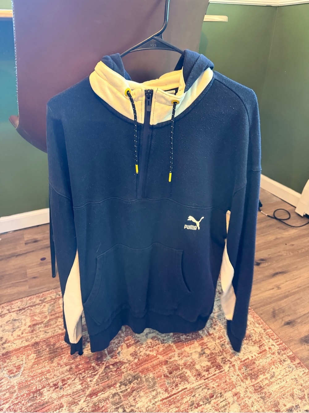 CSM X Puma Navy Hoodie with Cream Accents and Yellow Details